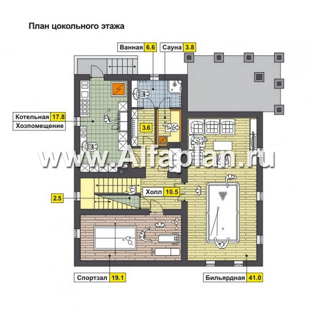 Проекты домов Альфаплан - Современный коттедж с цокольным этажом - план проекта №1