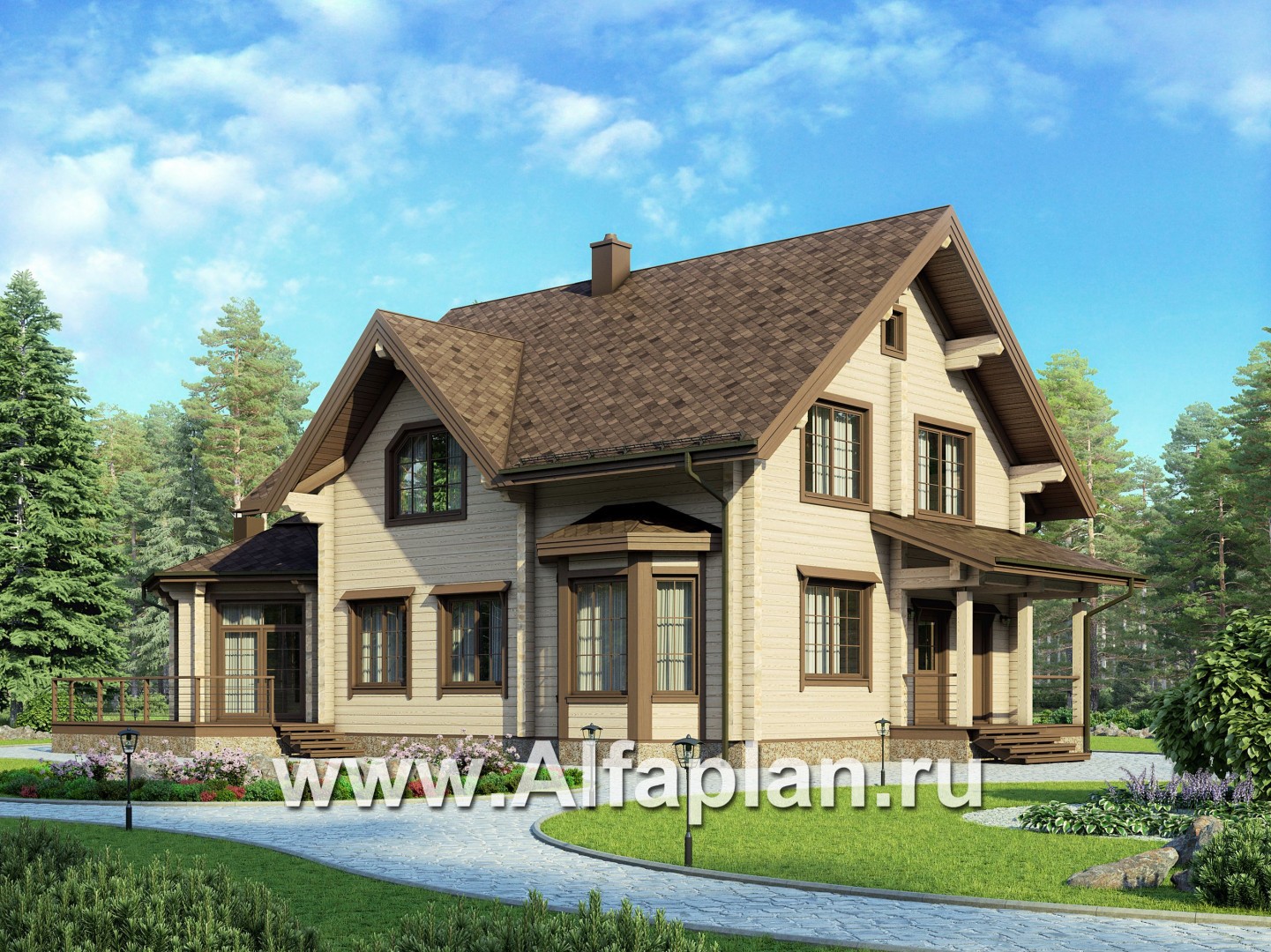 Проекты домов Альфаплан - Деревянный дом с уютной беседкой-барбекю - основное изображение
