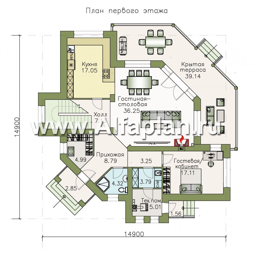 Проекты домов Альфаплан - «Махаон» - эксклюзивный дом с диагональным построением - план проекта №1