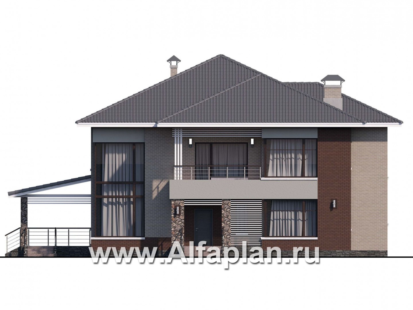 Проекты домов Альфаплан - «Луара» — проект двухэтажного дома, планировка с двусветной столовой, с сауной и с террасой - изображение фасада №1