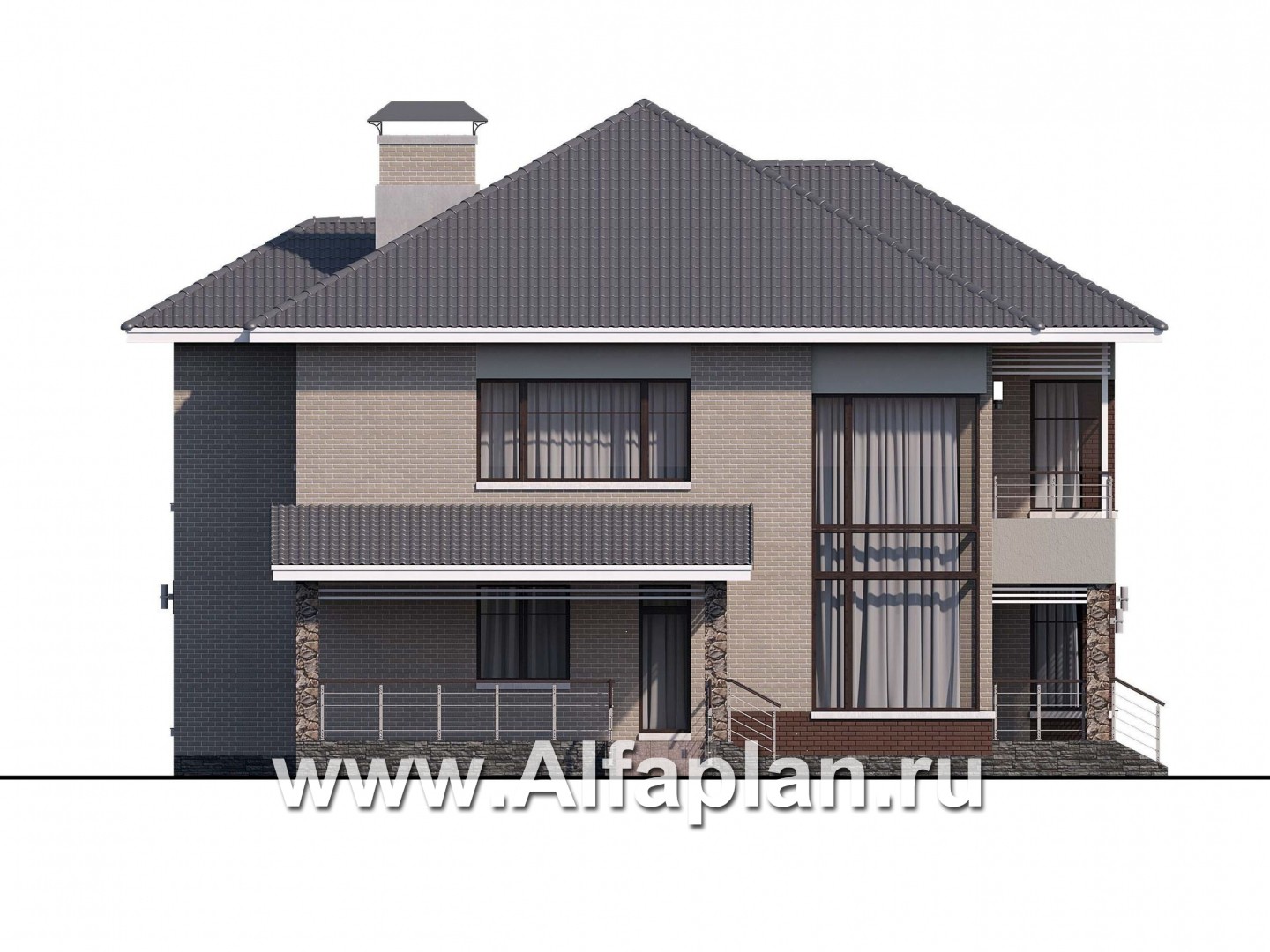 Проекты домов Альфаплан - «Луара» — проект двухэтажного дома, планировка с двусветной столовой, с сауной и с террасой - изображение фасада №3