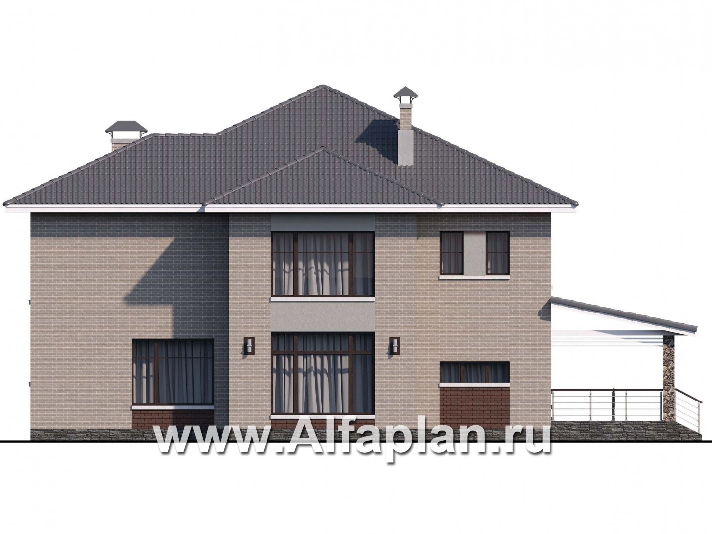 Проекты домов Альфаплан - «Луара» — проект двухэтажного дома, планировка с двусветной столовой, с сауной и с террасой - изображение фасада №4