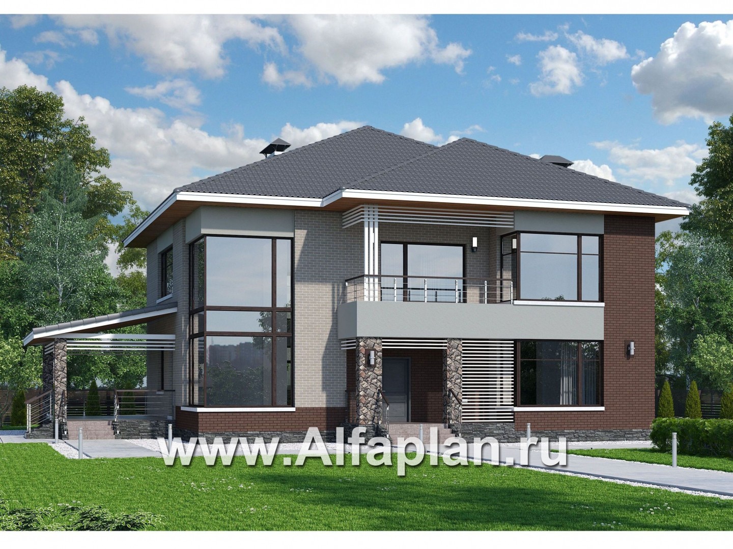 Проекты домов Альфаплан - «Луара» — проект двухэтажного дома, планировка с двусветной столовой, с сауной и с террасой - основное изображение