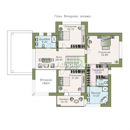 Проекты домов Альфаплан - «Луара» — проект двухэтажного дома, планировка с двусветной столовой, с сауной и с террасой - превью плана проекта №2