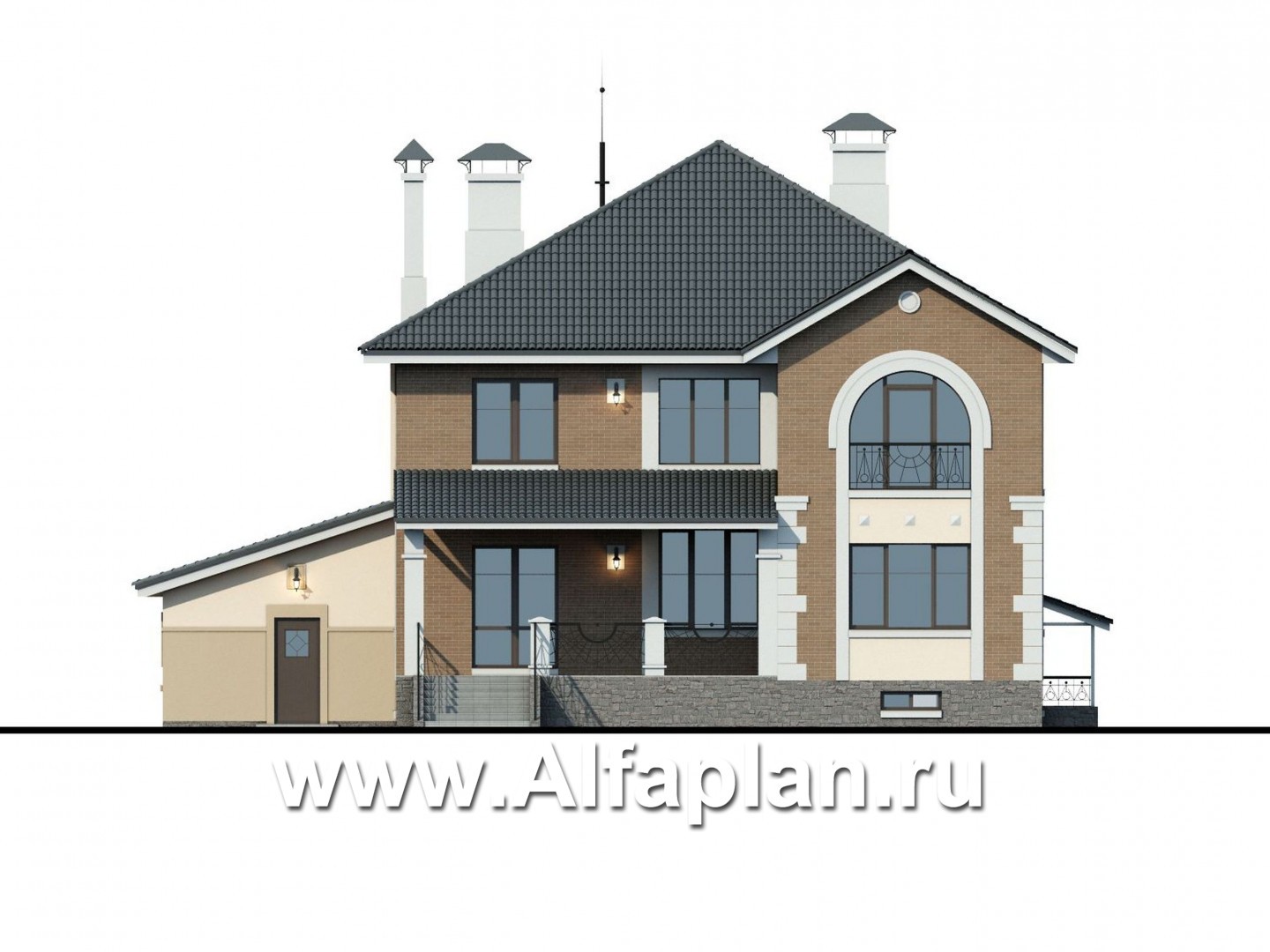 Проекты домов Альфаплан - «Феникс плюс» - коттедж с большим гаражом и цокольным этажом - изображение фасада №4