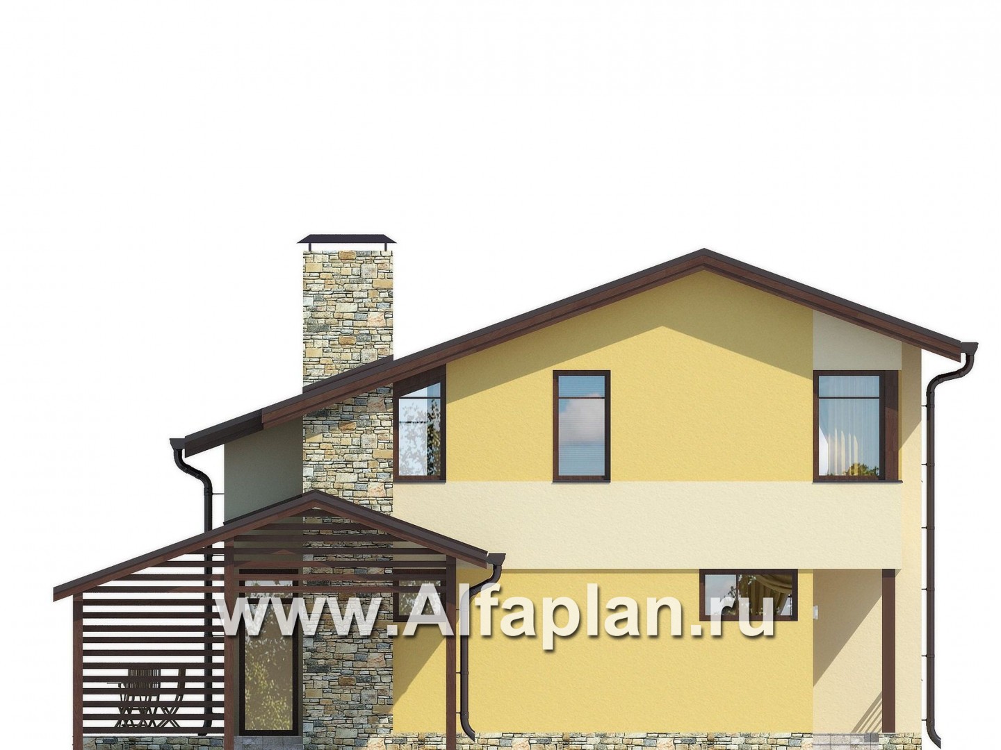 Проекты домов Альфаплан - Проект каркасного двухэтажного дома, с террасой, планировка 3 спальни, с навесом для авто - изображение фасада №2