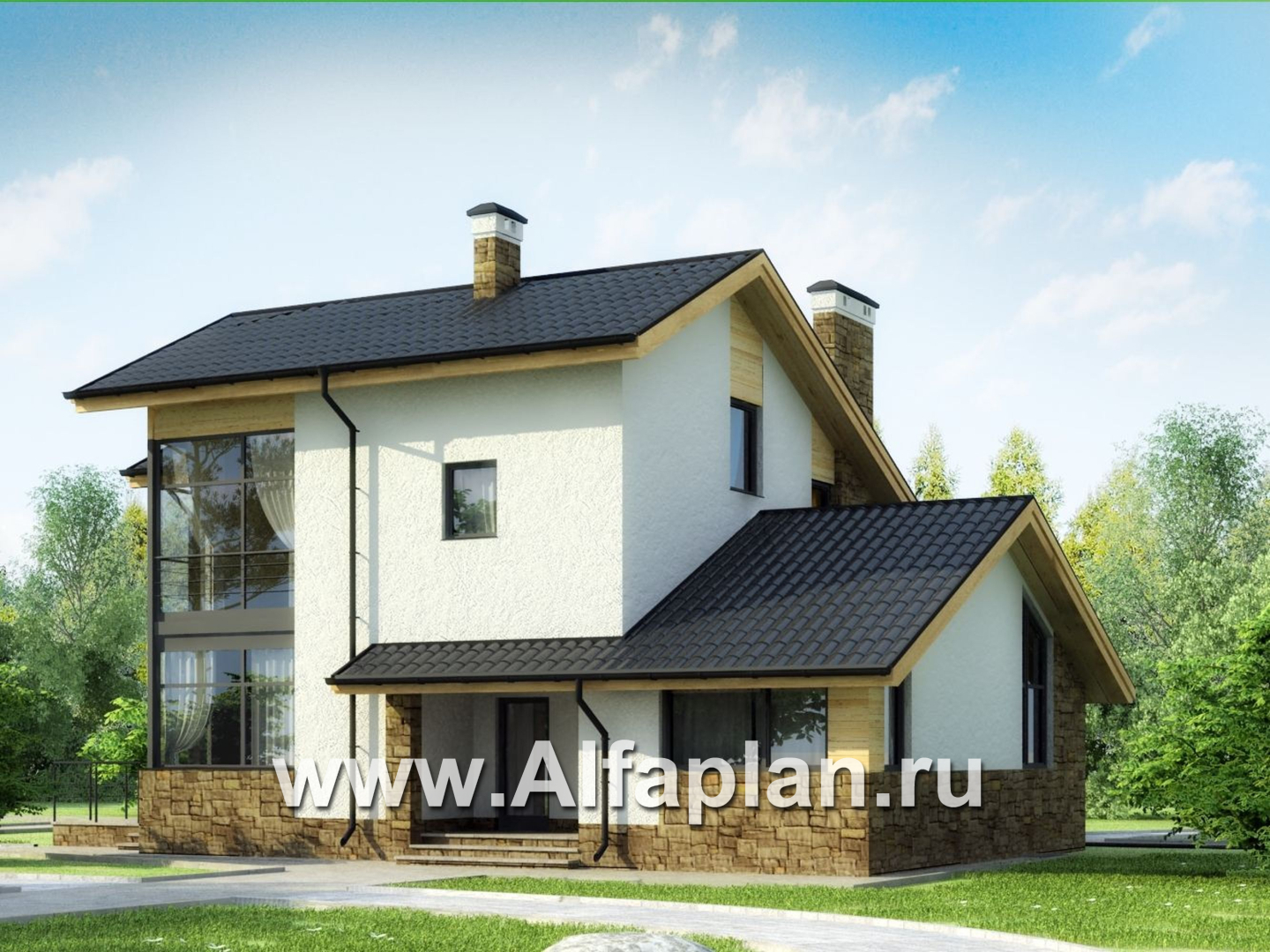 Проекты домов Альфаплан - Современный коттедж с угловым витражом - основное изображение