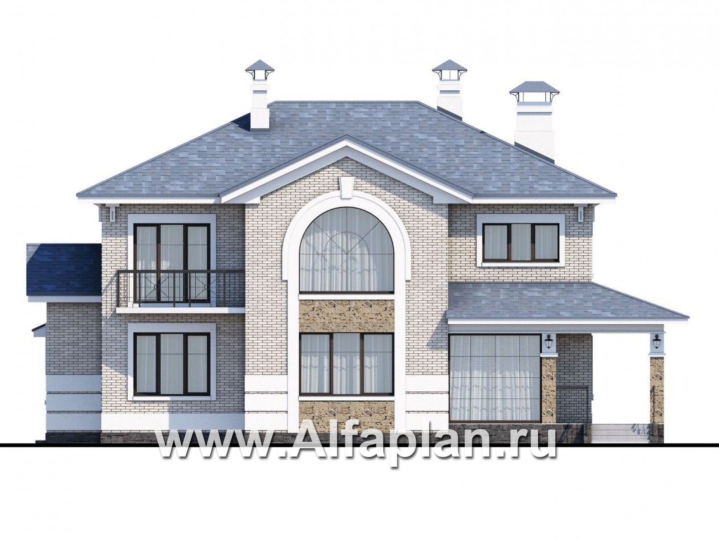 Проекты домов Альфаплан - «Аутентик» - проект двухэтажного дома, с двусветным холлом и верандой, арочное окно, в стиле эклектика - изображение фасада №1