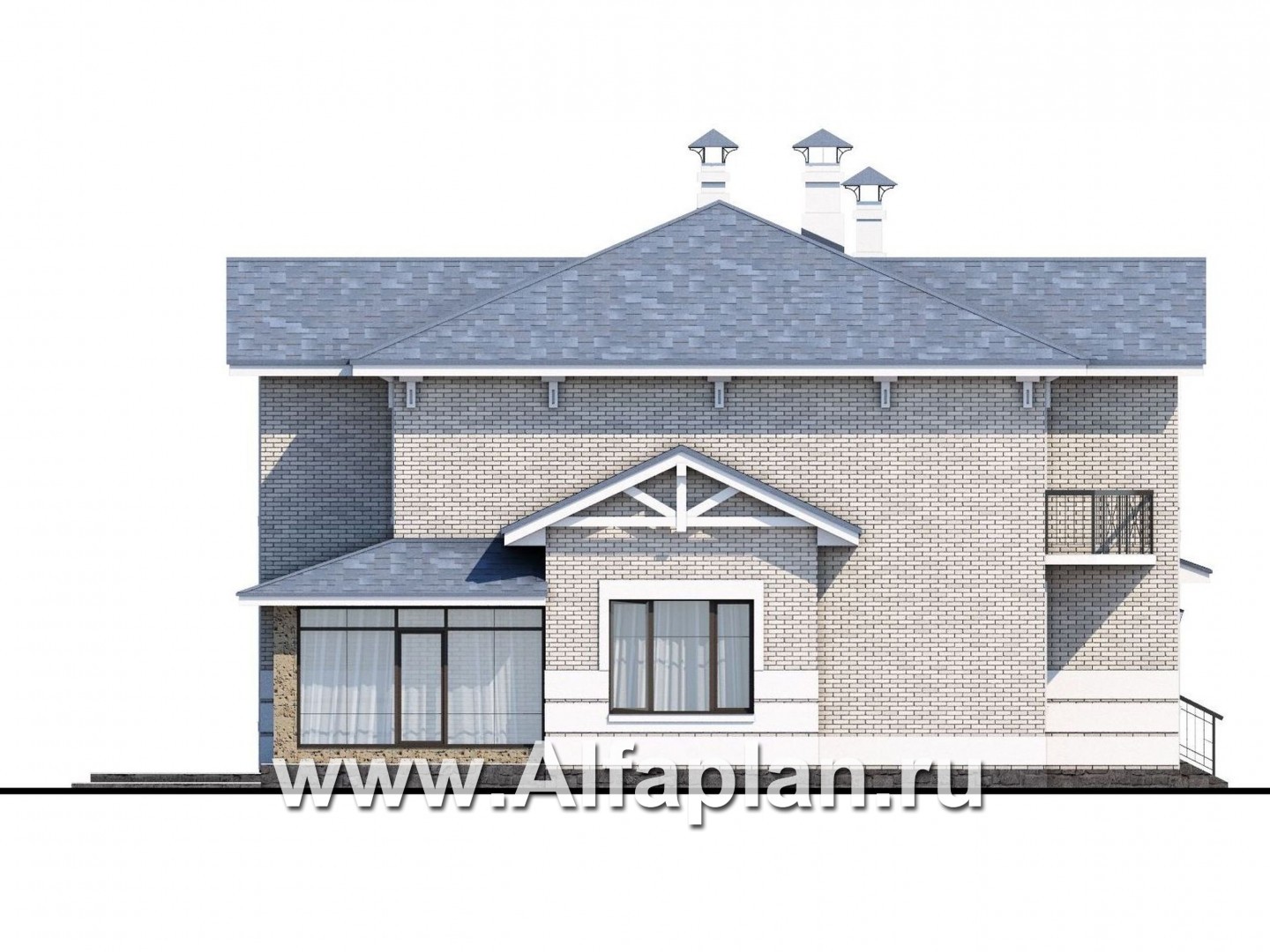 Проекты домов Альфаплан - «Аутентик» - проект двухэтажного дома, с двусветным холлом и верандой, арочное окно, в стиле эклектика - изображение фасада №3