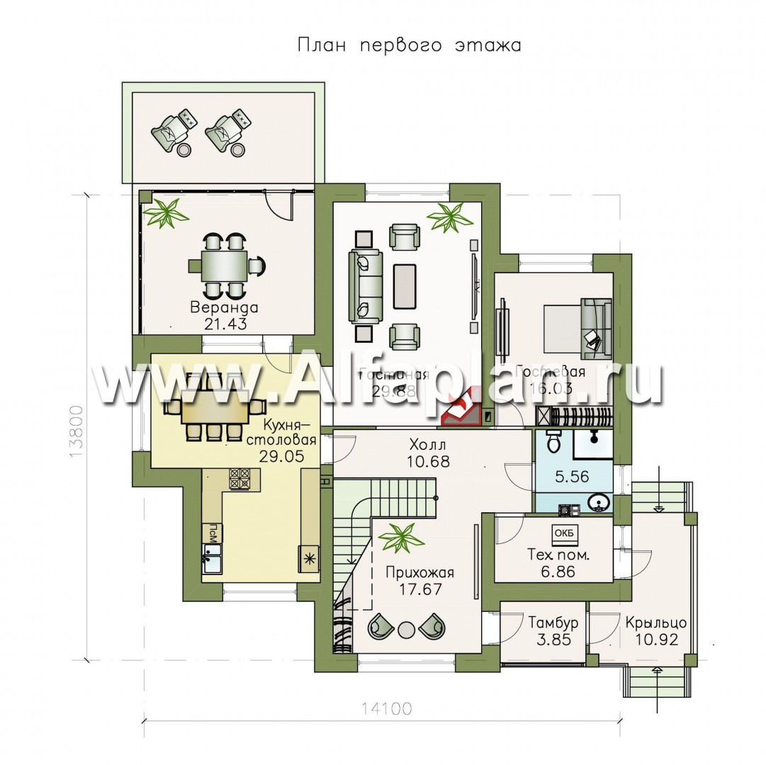 Проекты домов Альфаплан - «Аутентик» - комфортабельный двухэтажный коттедж с верандой - изображение плана проекта №1
