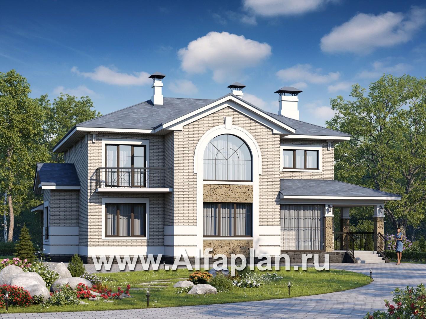 Проекты домов Альфаплан - «Аутентик» - проект двухэтажного дома, с двусветным холлом и верандой, арочное окно, в стиле эклектика - основное изображение