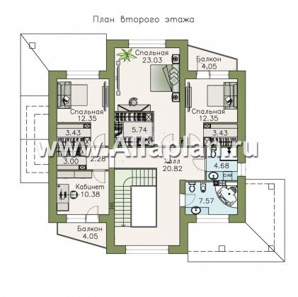 Проекты домов Альфаплан - «Аутентик» - проект двухэтажного дома, с двусветным холлом и верандой, арочное окно, в стиле эклектика - превью плана проекта №2