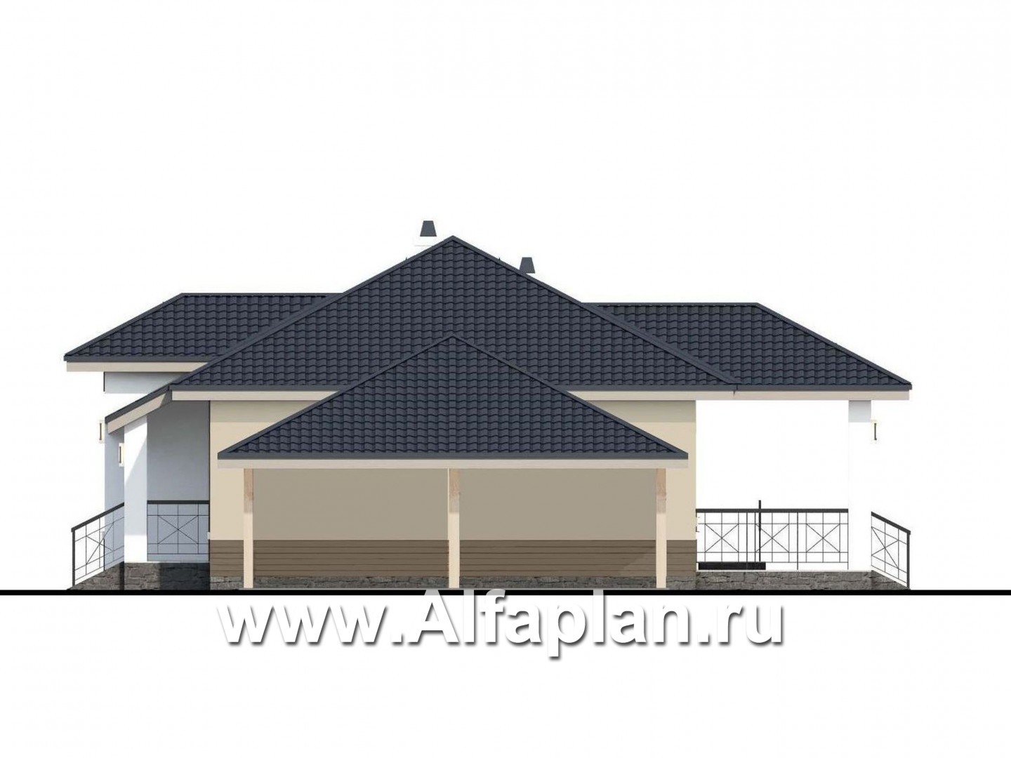 Проекты домов Альфаплан - «Княженика» - экономичный одноэтажный дом с навесом для машины - изображение фасада №2