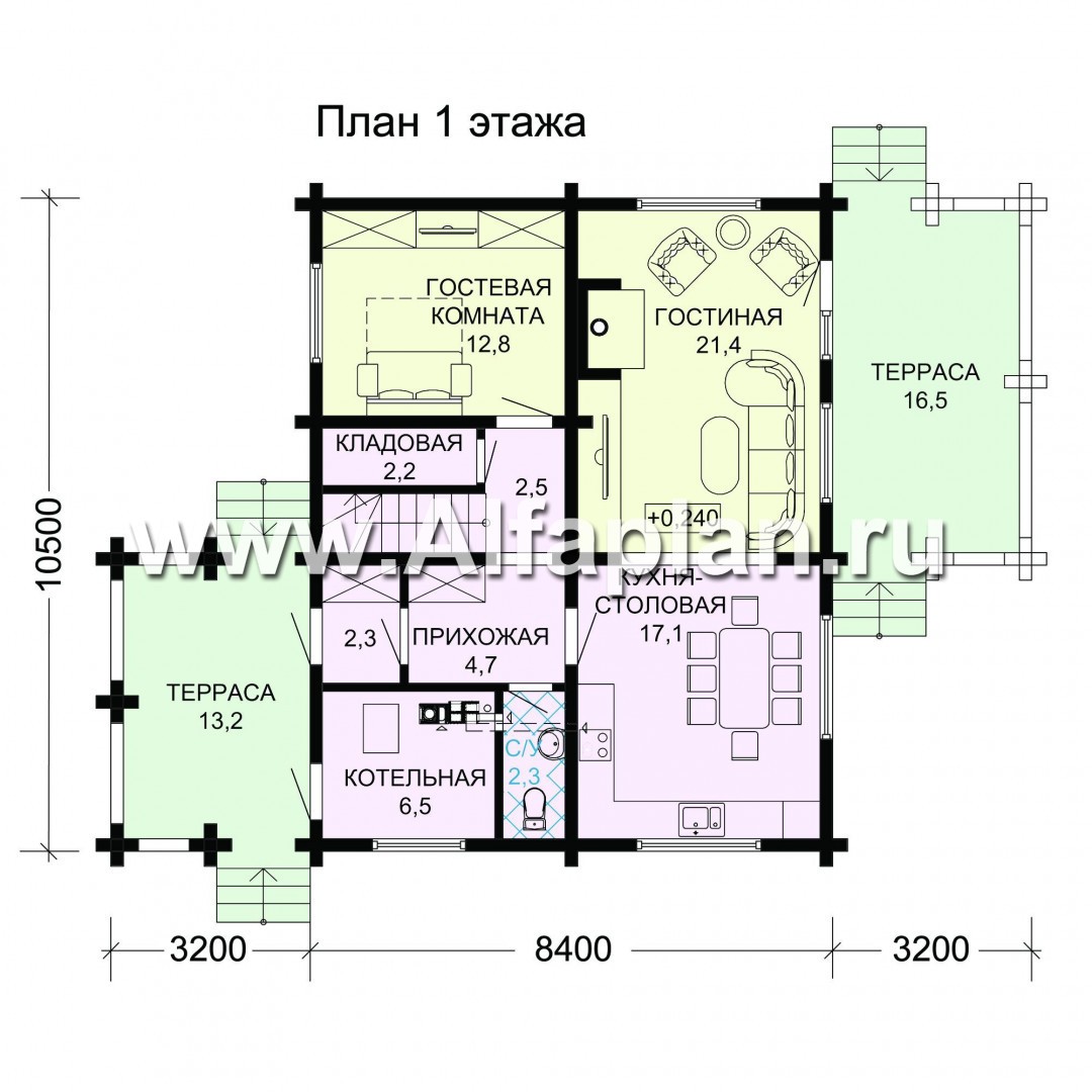 Проекты домов Альфаплан - Дом с простой двускатной кровлей и террасой - план проекта №1
