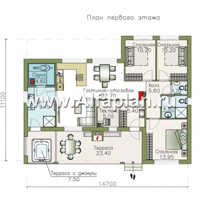 Проекты домов Альфаплан - «Эпсилон» - одноэтажный дом с сауной и джакузи на террасе - превью плана проекта №1