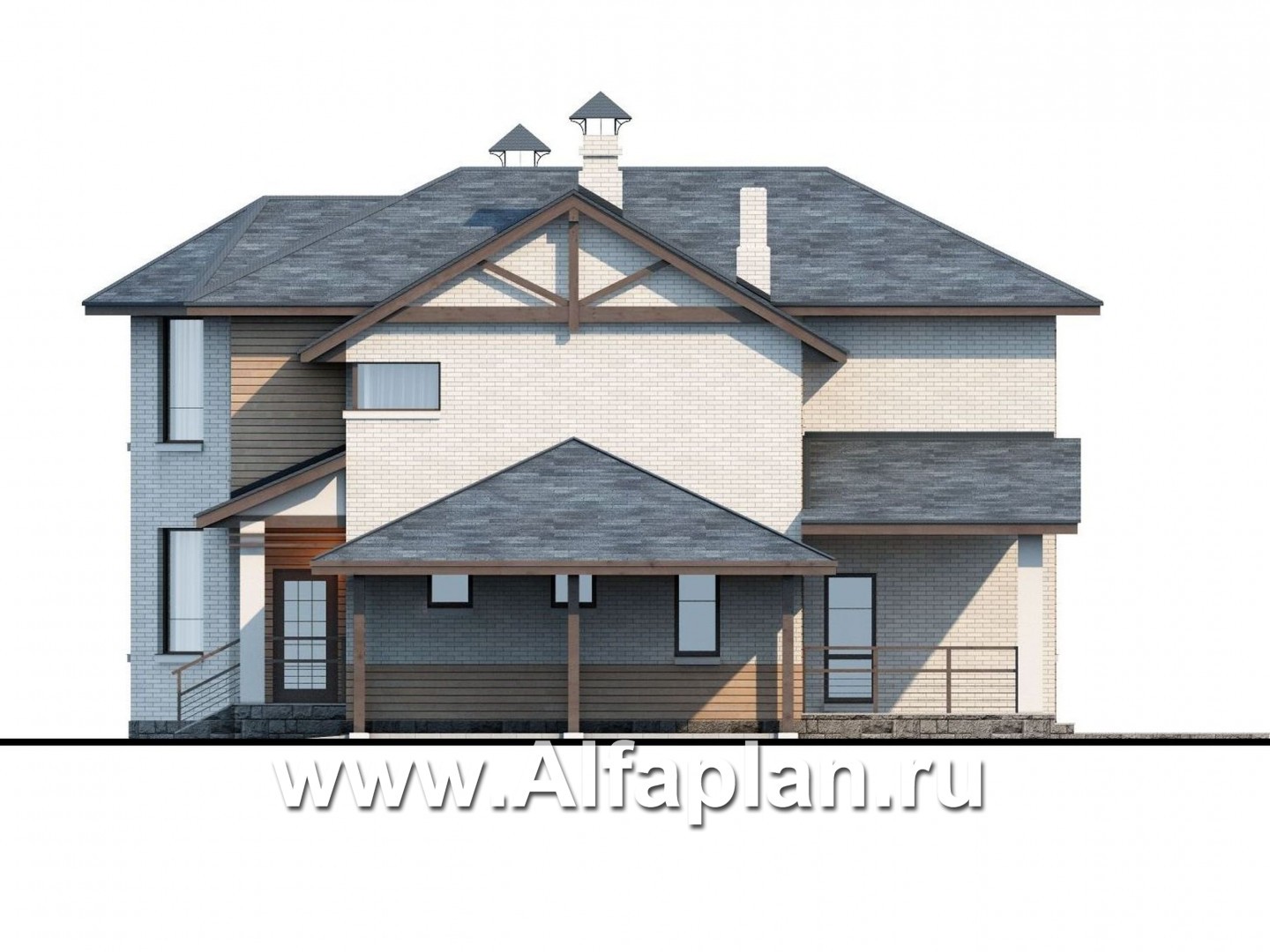 Проекты домов Альфаплан - «Безоблачный край» - коттедж с эркером и навесом для машин - изображение фасада №2