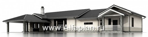 Проекты домов Альфаплан - «Модуль» — проект одноэтажного дома, со спортзалом и сауной, с бассейном и гостевой квартирой - превью фасада №2