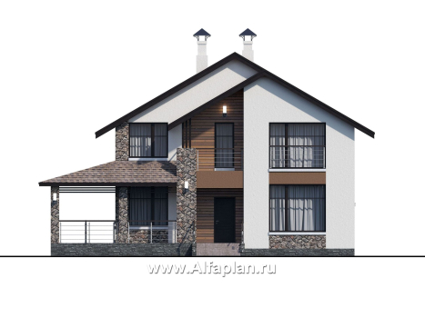 Проекты домов Альфаплан - Компактный дом с четырьмя спальными и угловой террасой - превью фасада №1