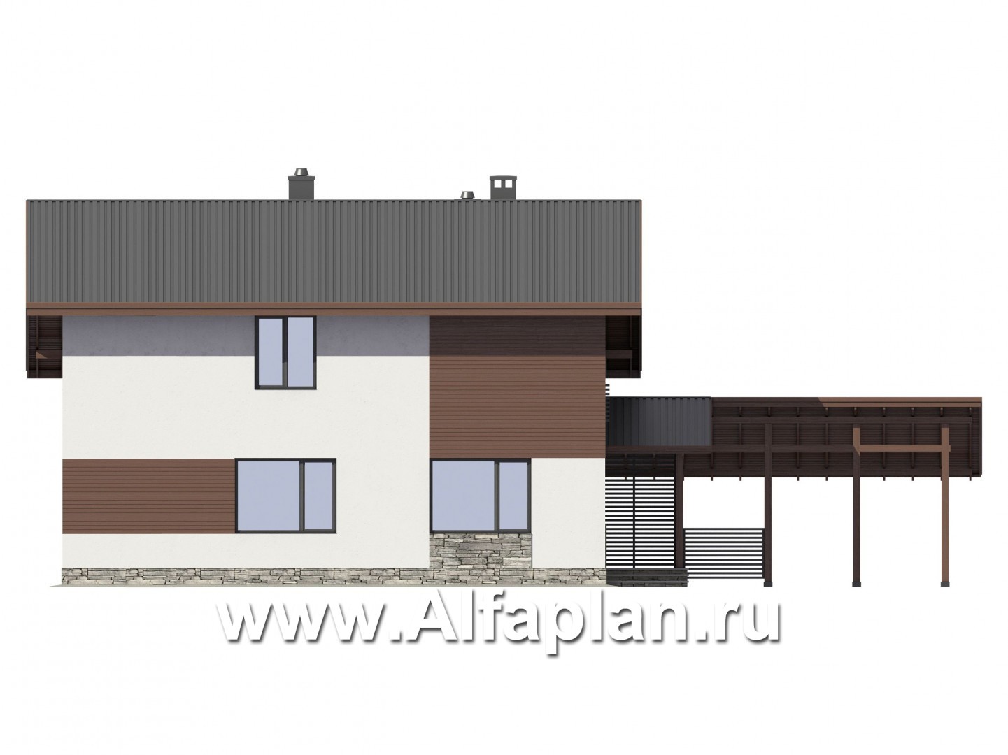 Проекты домов Альфаплан - Экономичный и компактный дом с навесом для авто - изображение фасада №2