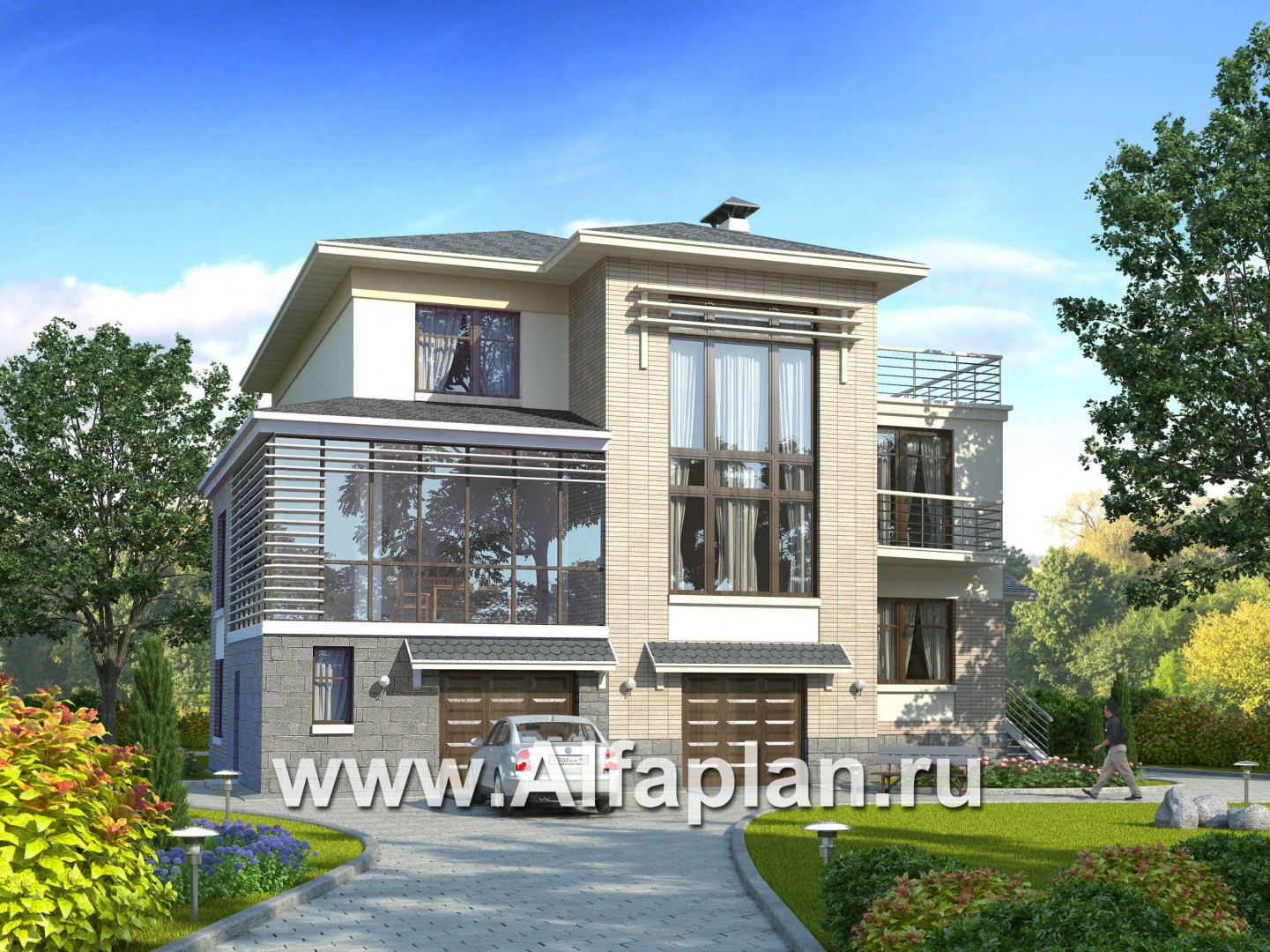Проекты домов Альфаплан - «Три  семерки»- современный особняк с большими окнами - основное изображение