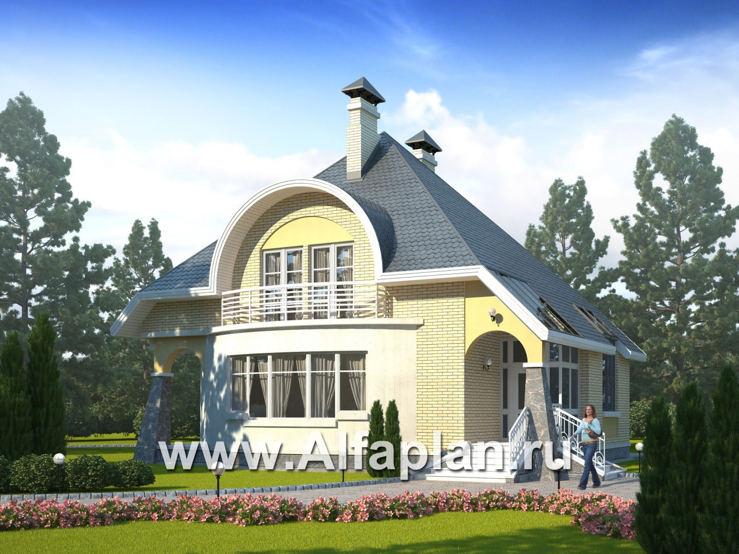 Проекты домов Альфаплан - «Свой остров» - коттедж с полукруглой гостиной и мансардными окнами - основное изображение