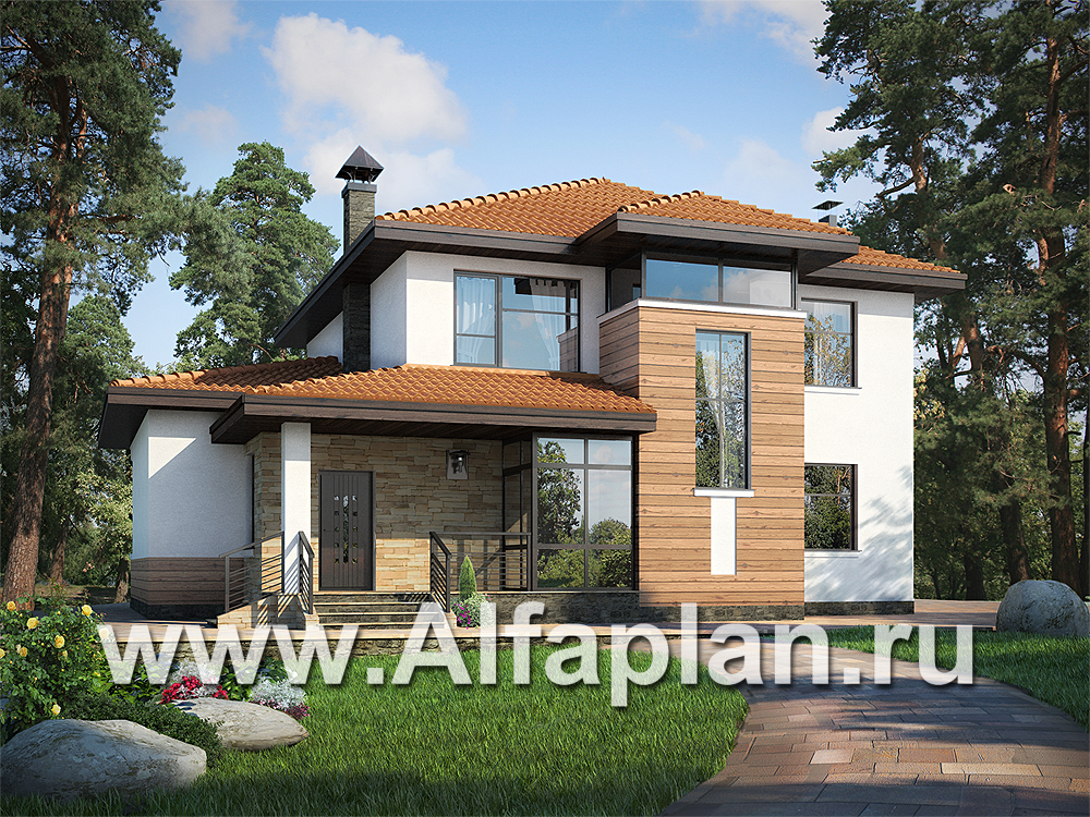 Проекты домов Альфаплан - «Фортуна» - современный коттедж с высокой гостиной - основное изображение