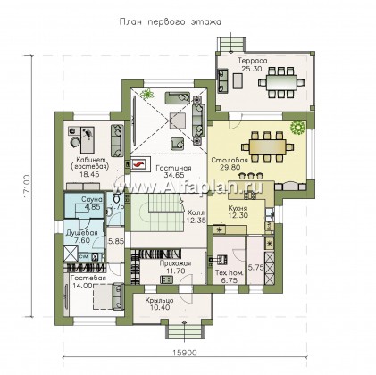 Проекты домов Альфаплан - «Неман» - загородный дом с двусветной гостиной - превью плана проекта №1