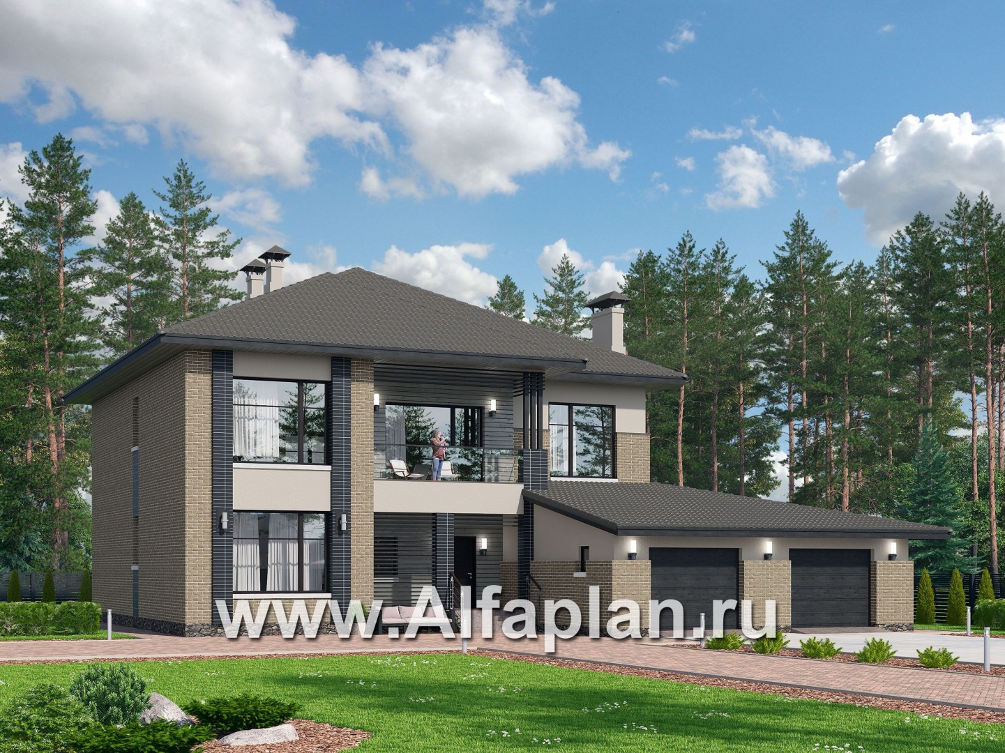 Проекты домов Альфаплан - «Неман» - загородная вилла с двусветной гостиной и большим гаражом - основное изображение