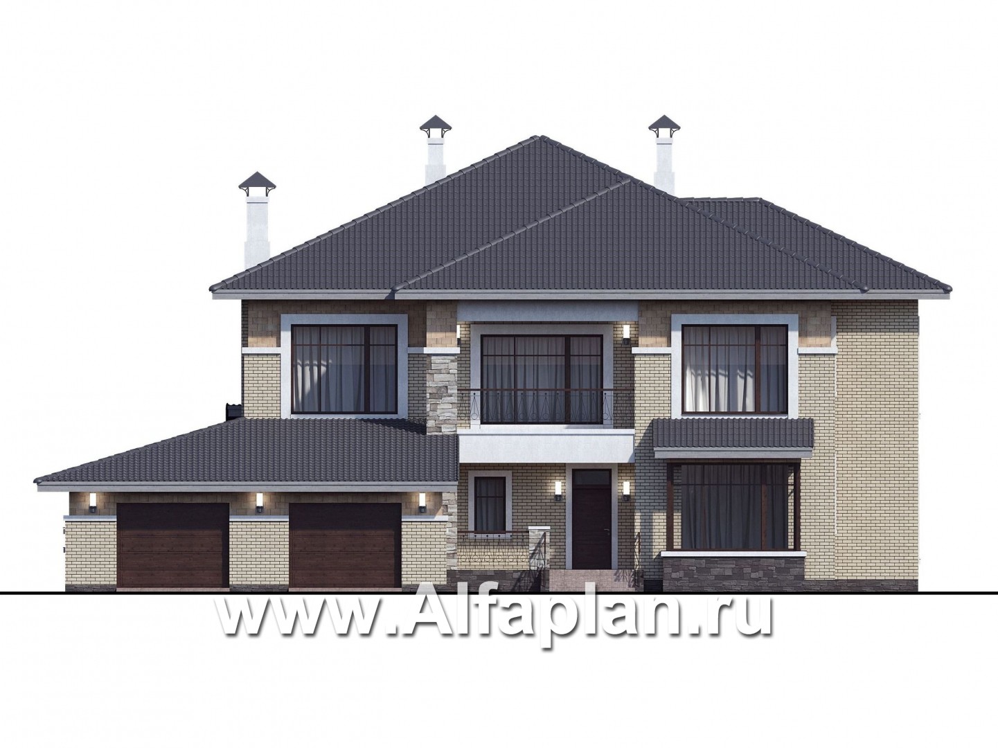 Проекты домов Альфаплан - «Висла» — особняк с двусветной столовой и гаражом на два автомобиля - изображение фасада №1