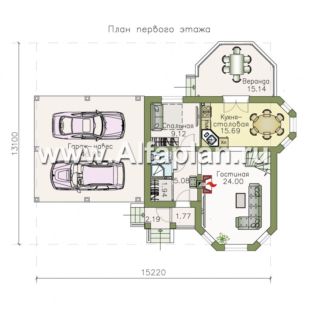 Проекты домов Альфаплан - «Душечка плюс» - компактный дом с навесом для машин - план проекта №1