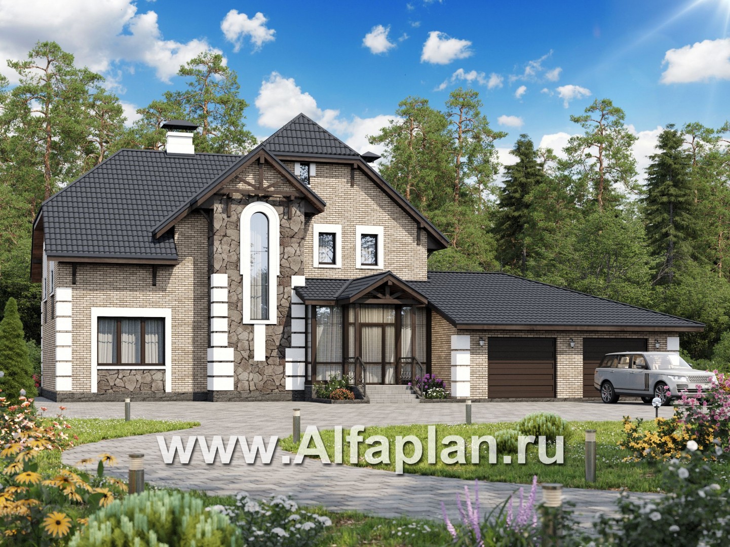 Проекты домов Альфаплан - «Ясная поляна»- коттедж для большой семьи с гаражом на два автомобиля - основное изображение