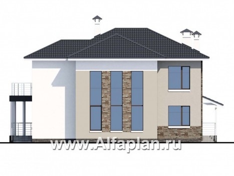 Проекты домов Альфаплан - «Меркурий» - стильный коттедж с большой террасой и балконом - превью фасада №4