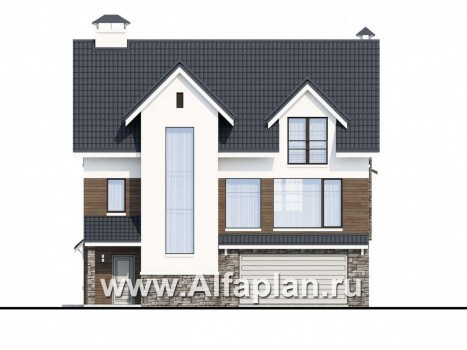 Проекты домов Альфаплан - «Альпина» - трехэтажный коттедж с гаражом для маленького участка - превью фасада №1