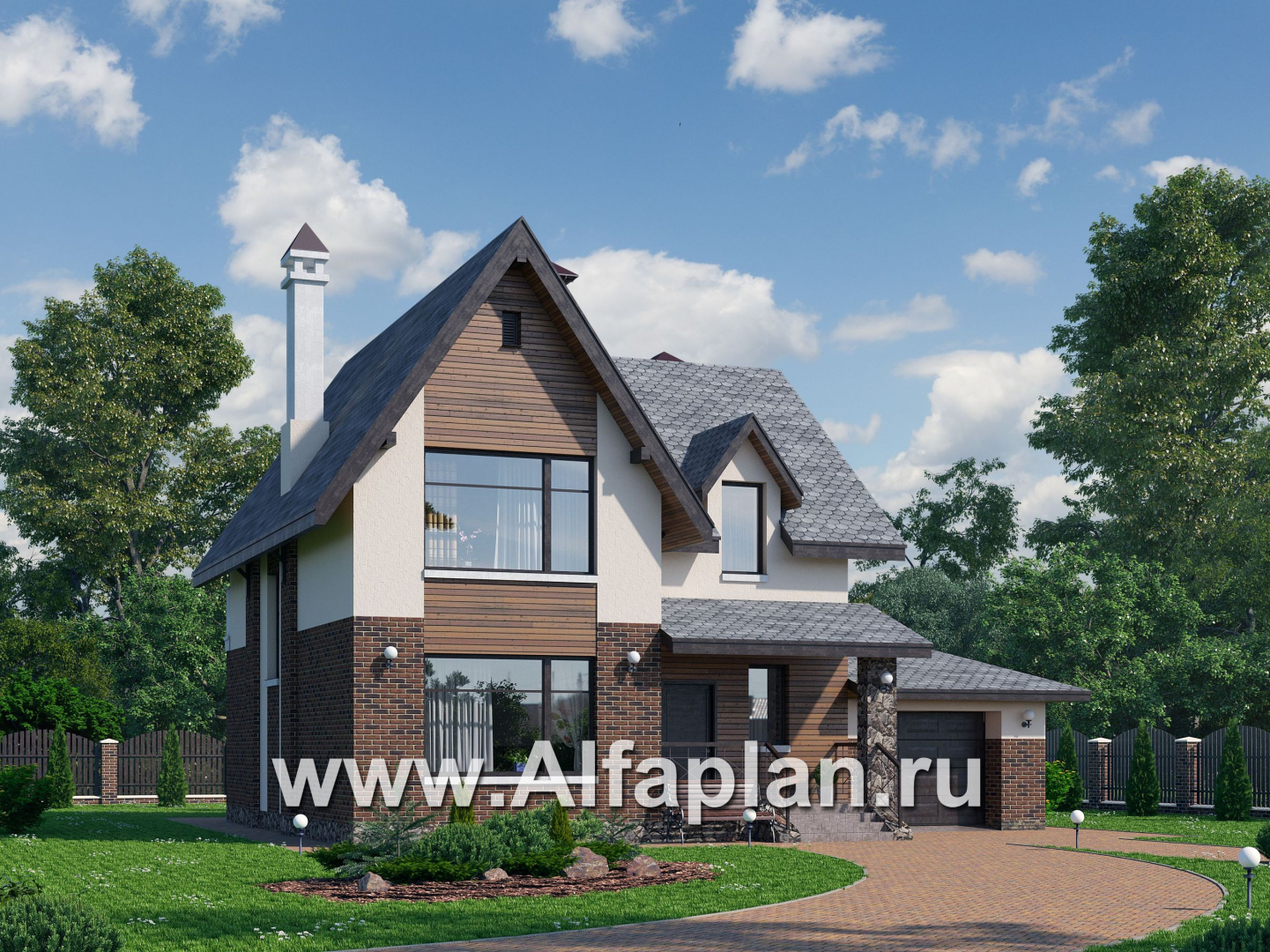Проекты домов Альфаплан - «Стелла»- стильный дом с гаражом для маленького участка - основное изображение