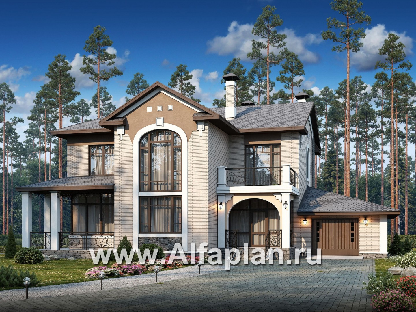 Проекты домов Альфаплан - «Голицын»- коттедж с двусветной гостиной и гаражом - основное изображение