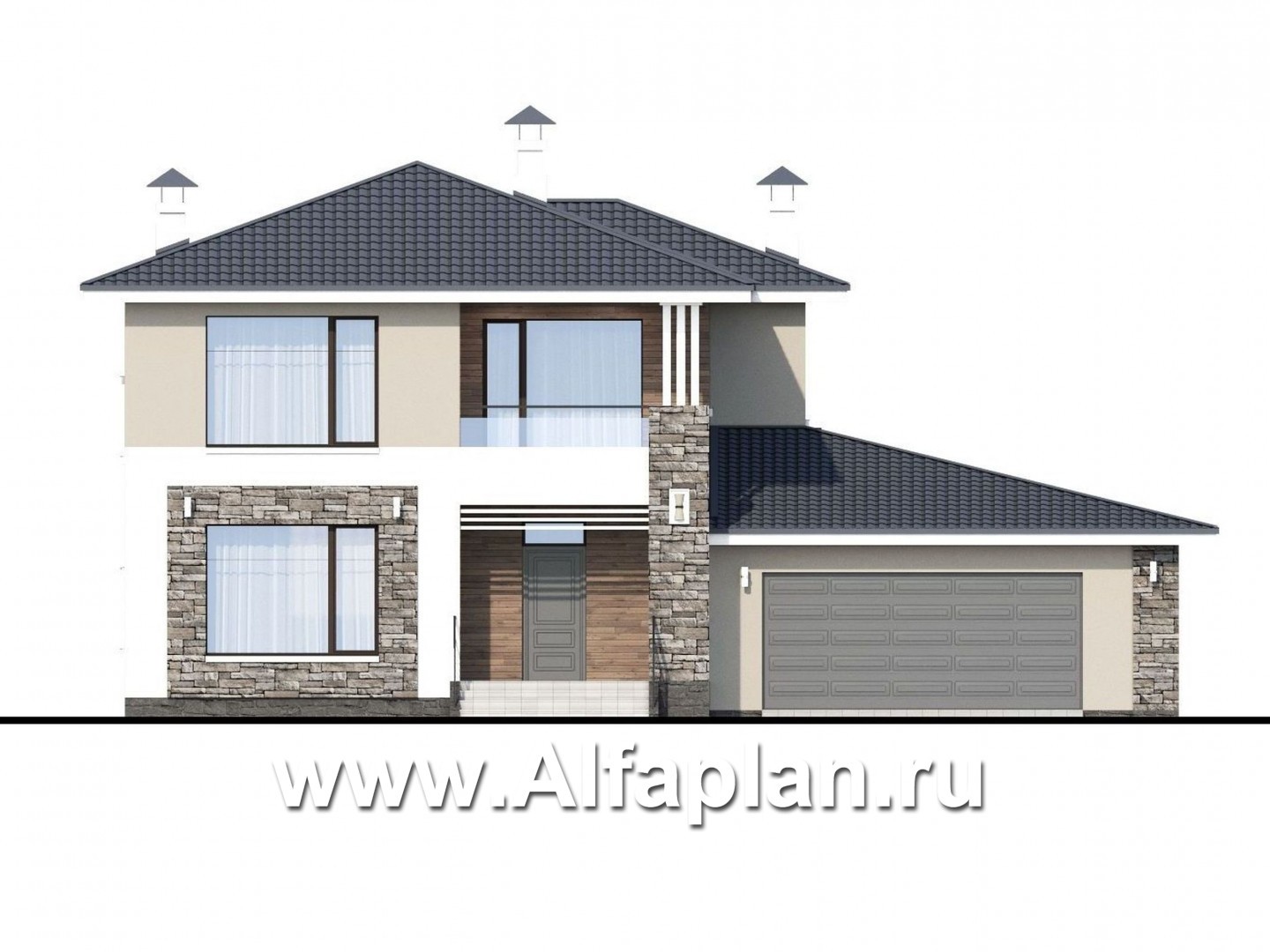 Проекты домов Альфаплан - «Выбор русалки» - современный комфортабельный дом с большим гаражом - изображение фасада №1
