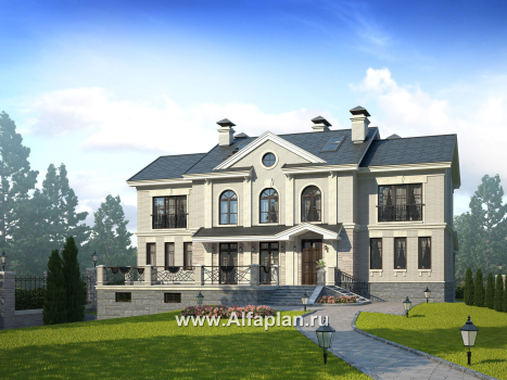 Проекты домов Альфаплан - «Поместье» - проект двухэтажного дома, с мансардойи двусветной гостиной, вилла в классическом стиле - превью дополнительного изображения №1