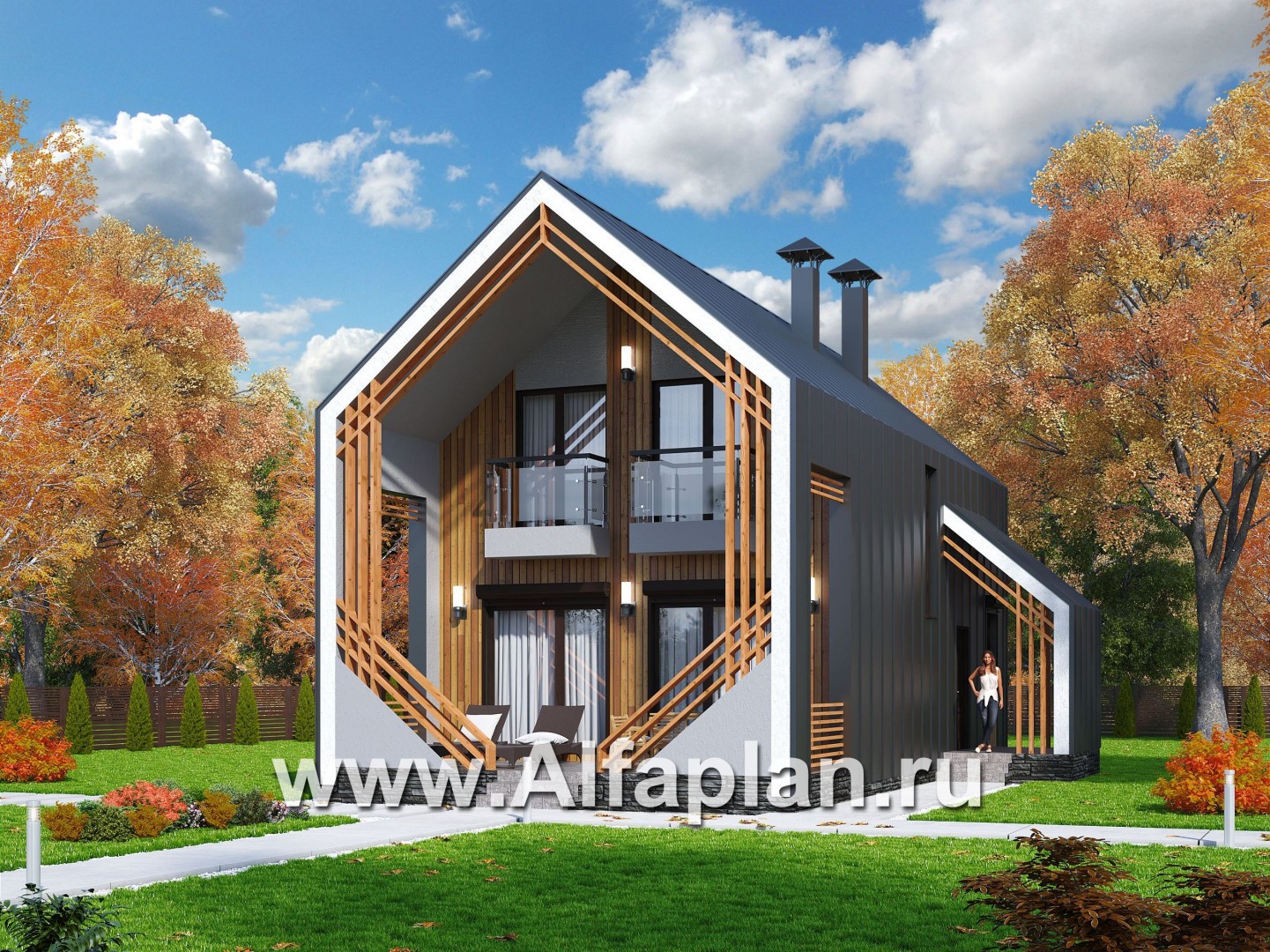 Проекты домов Альфаплан - «Сигма» - проект двухэтажного каркасного дома в стиле барн, с террасой - основное изображение