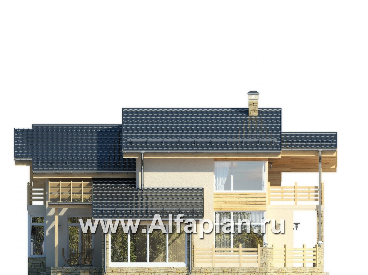 Проекты домов Альфаплан - Современный коттедж с террасами и навесом для авто - изображение фасада №3