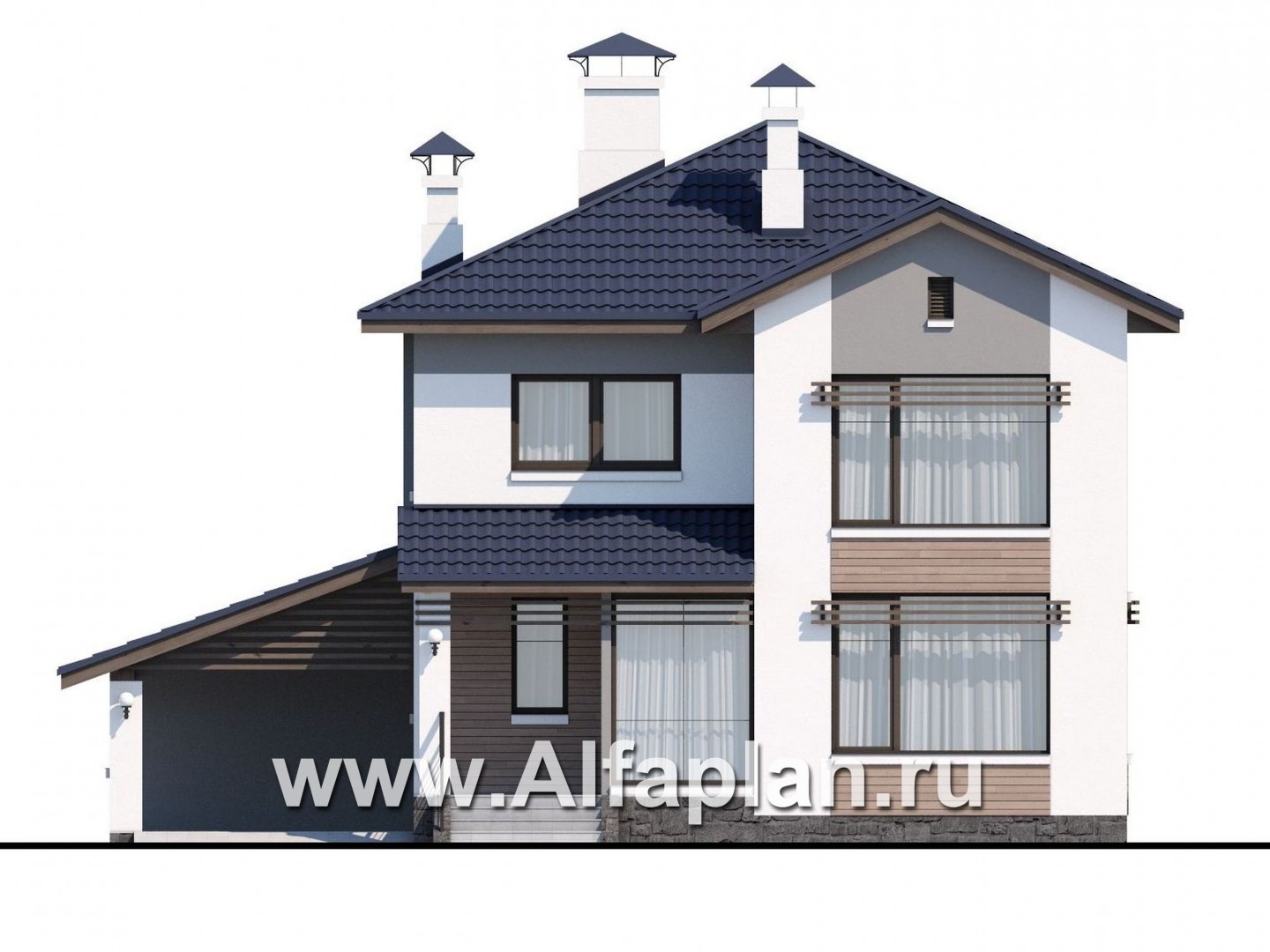 Проекты домов Альфаплан - «Бухта счастья» - двухэтажный дом с навесом для машины - изображение фасада №1