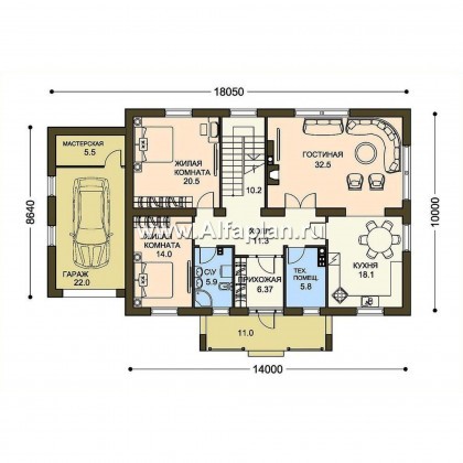 Проекты домов Альфаплан - Двухэтажный дом с гаражом - превью плана проекта №1