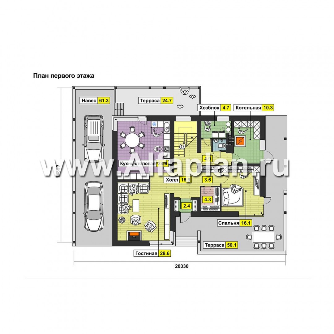 Проекты домов Альфаплан - Проект современного дома с навесом для машины - изображение плана проекта №1