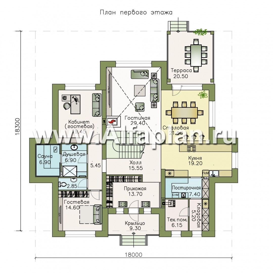 Проекты домов Альфаплан - «Дунай» — вилла с двусветной гостиной - изображение плана проекта №1