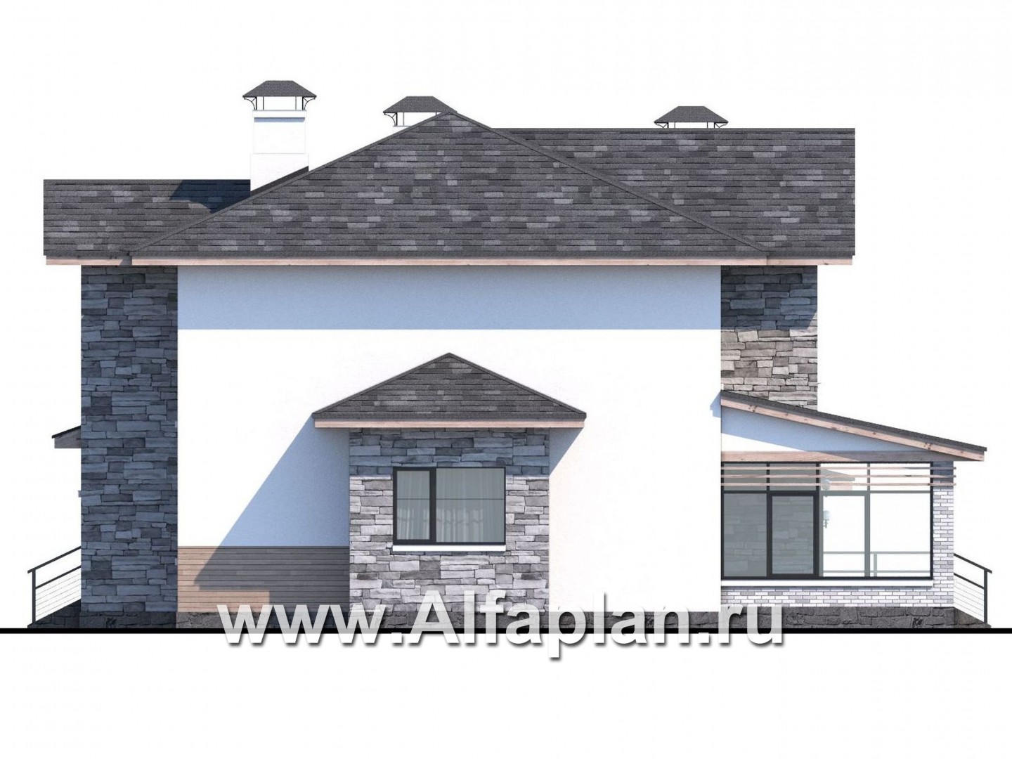 Проекты домов Альфаплан - «Снежная страна» - изящный коттедж с террасами и гаражом - изображение фасада №2