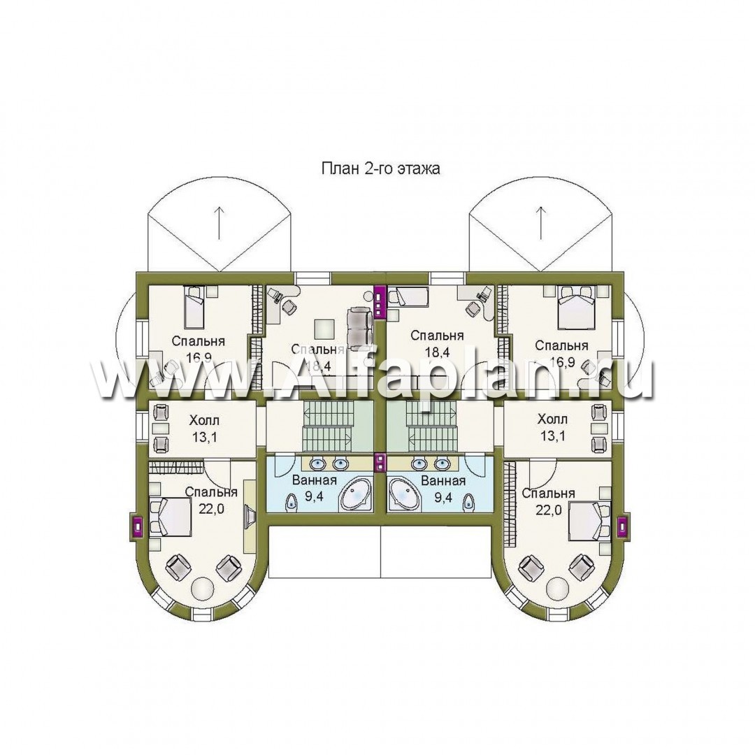 Проекты домов Альфаплан - «Брат» - дом на две семьи с угловыми «башнями» - изображение плана проекта №2