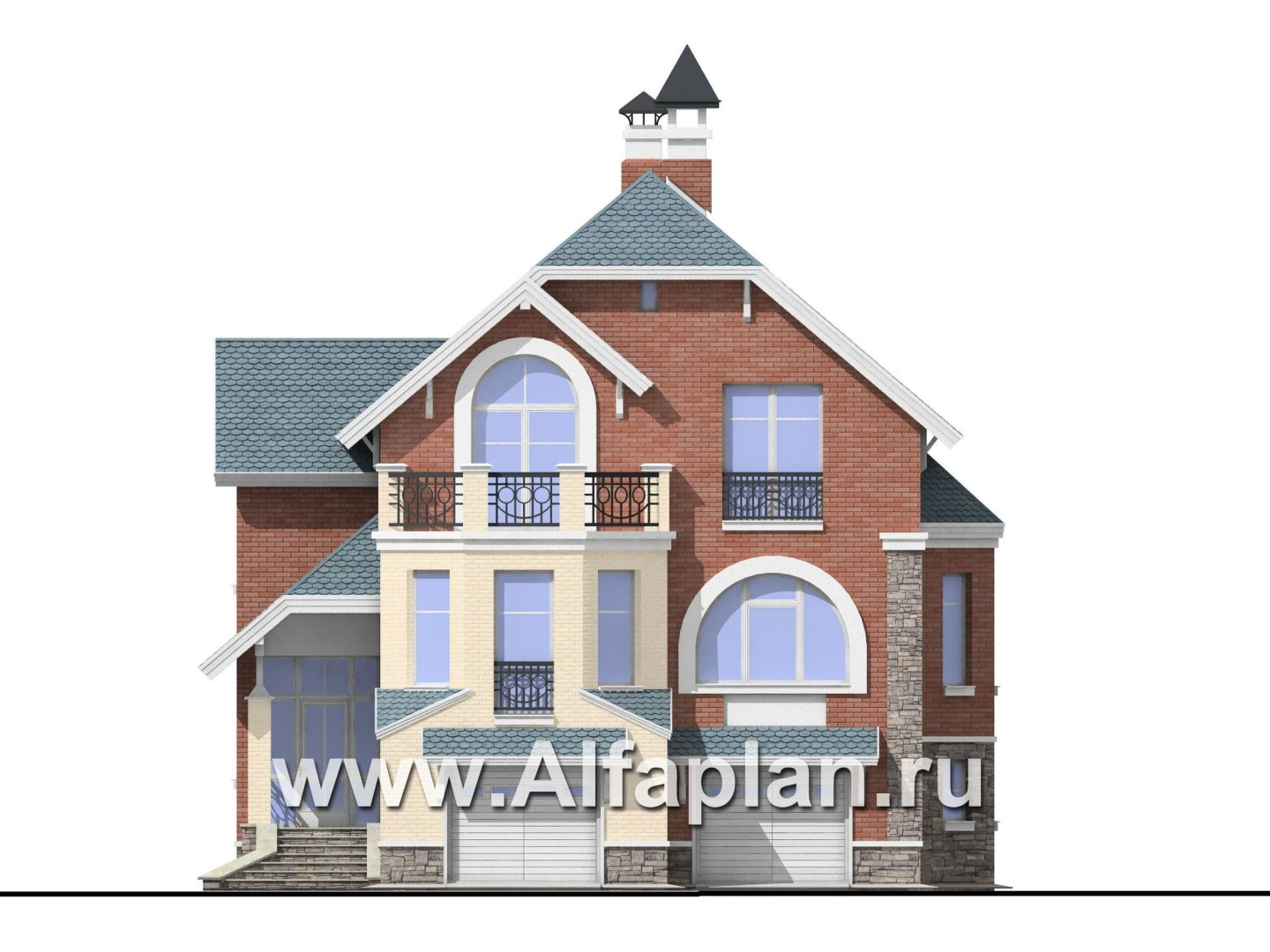 Проекты домов Альфаплан - «Корвет» - трехэтажный коттедж с двумя гаражами - изображение фасада №1