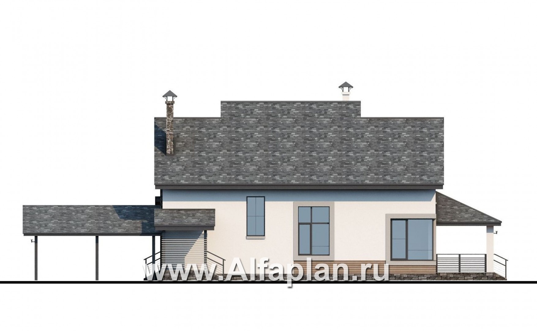 Проекты домов Альфаплан - «Роза ветров» - загородный дом с летней куxней и навесом для машин - изображение фасада №2
