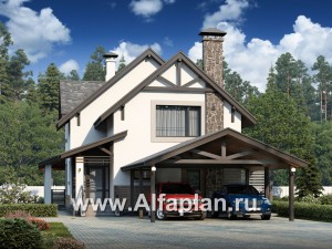 Проекты домов Альфаплан - «Роза ветров» - загородный дом с летней куxней и навесом для машин - превью основного изображения