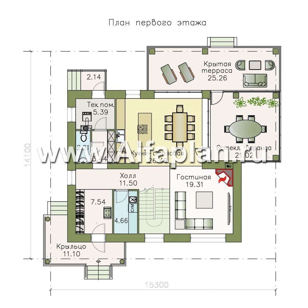 Проекты домов Альфаплан - «Земляничная поляна» - двухэтажный коттедж с большой верандой - план проекта №1