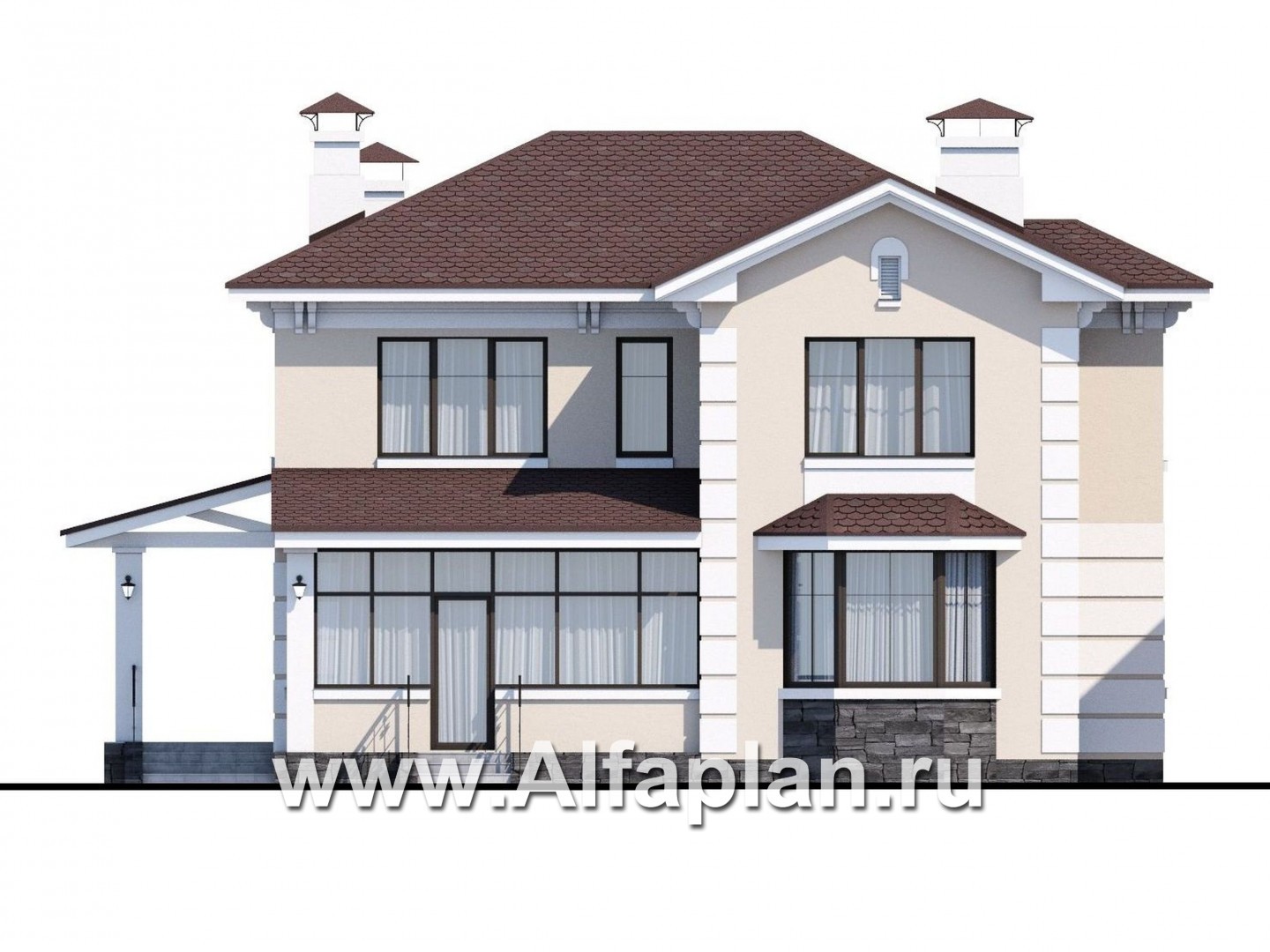 Проекты домов Альфаплан - «Галатея» - проект двухэтажного дома с эркером и с остекленной верандой, в стиле эклектика - изображение фасада №1